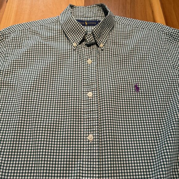 Ralph Lauren Button Down Shirt. Large. Green Gingham. Long Sleeve. Logo. Cotton - Picture 2 of 12